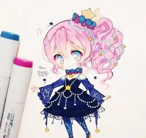 【马克笔插画】q版甜美动漫少女手绘素材