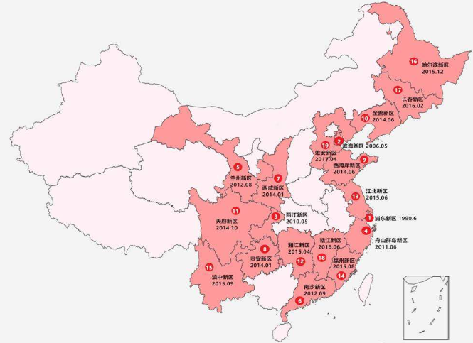 中国共有19个国家级新区,分布在4个直辖市