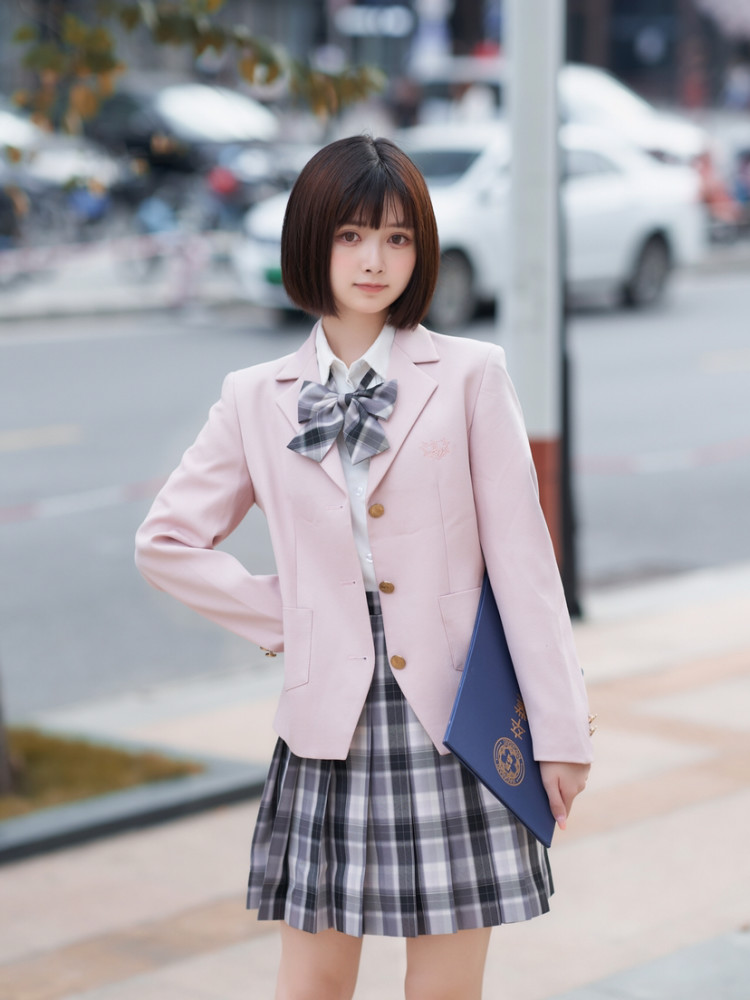 今天拍的是 元气桃 家的格裙 这个配色再配上粉红色的西服简直是樱花