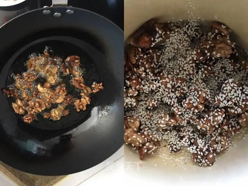 锅里倒油,放入裹了糖的核桃轻微的炸一下,不要炸太熟,容易糊,觉得差