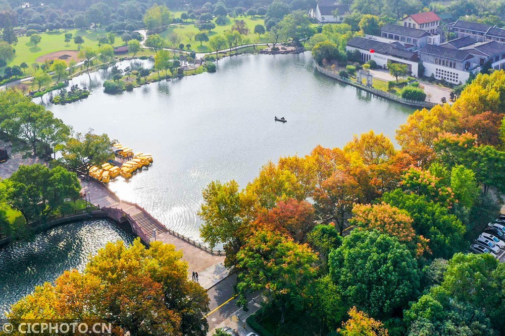 2020年11月3日,航拍美如畫卷的浙江省寧波市月湖公園(無人機拍攝).