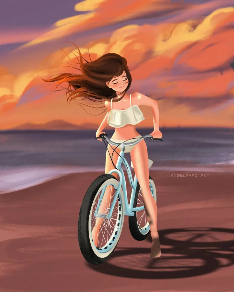 插画师angelahao_art的插画作品,阳光美女甜蜜而温馨