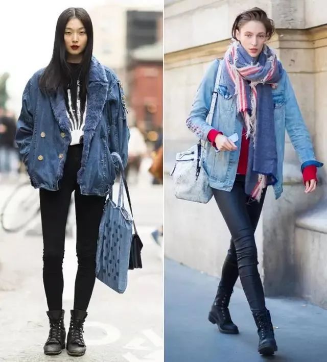 oversize牛仔外套搭配紧身裤子,上宽下紧,鞋子裤子一码色,帅气少女感