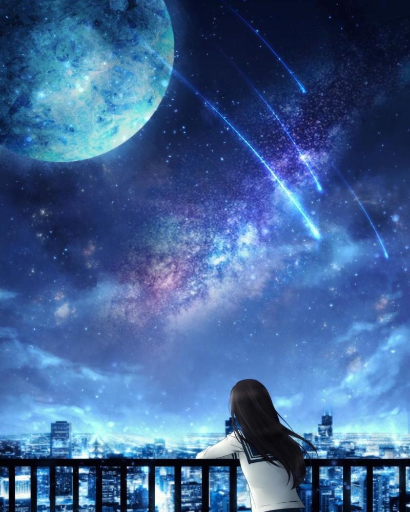 美妙的星空与少女