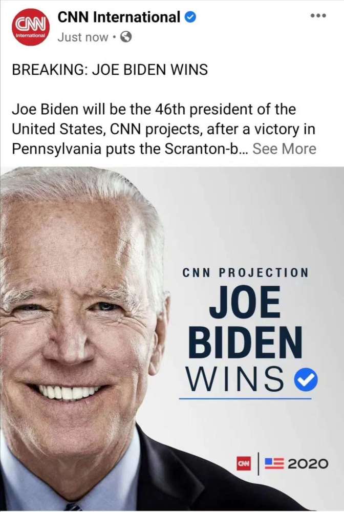 报道,民主党总统候选人拜登在2020年美国总统大选中赢下宾夕法尼亚州