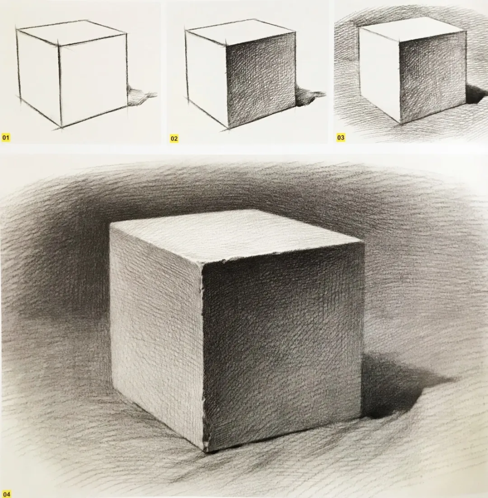 步骤一:观察正方体的摆放角度,基本比例,透视与明暗关系,用直线勾勒出