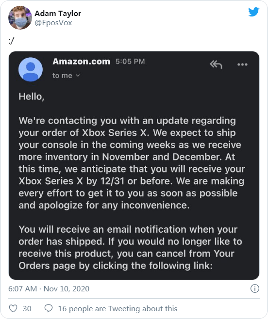 亚马逊提醒部分xbox Series X预购订单要到年底前才能发货 亚马逊