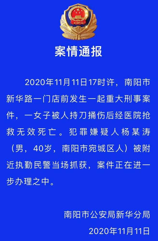 河南南阳一女子当街被人持刀捅杀，警方通报：嫌疑人已被当场抓获