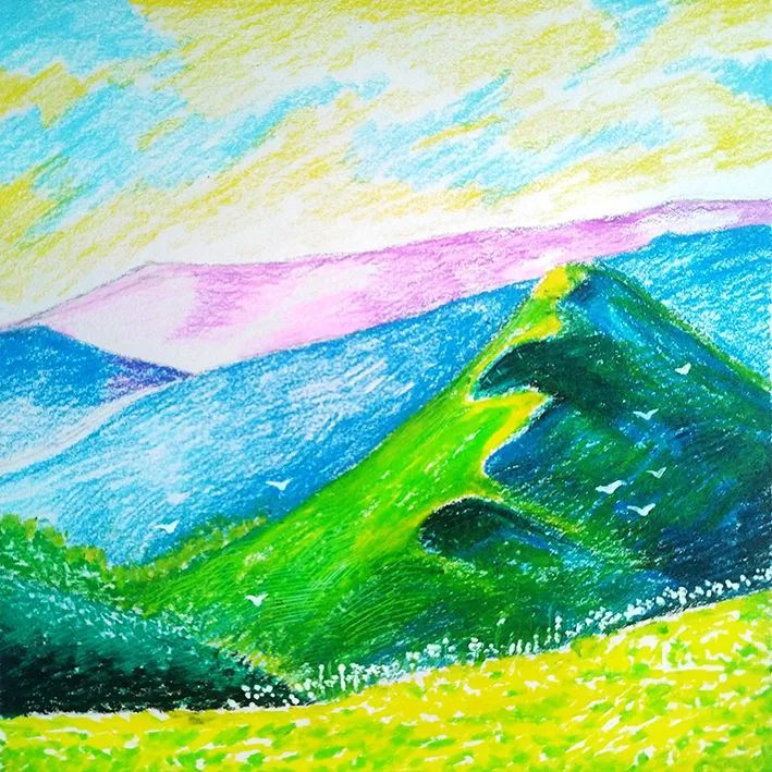 少儿美术课程分享用油画棒绘制风景山外山