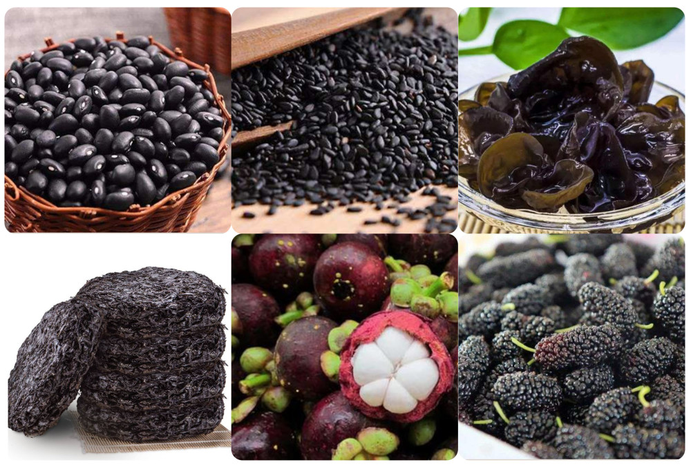 ▼ 黑色食物养肾,调节内分泌,抗衰老:黑豆,黑芝麻,木耳,紫菜,山竹