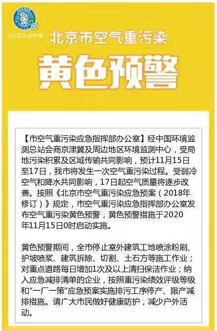 空气重污染|北京发布今冬首个空气重污染黄色预警！15日0时启动