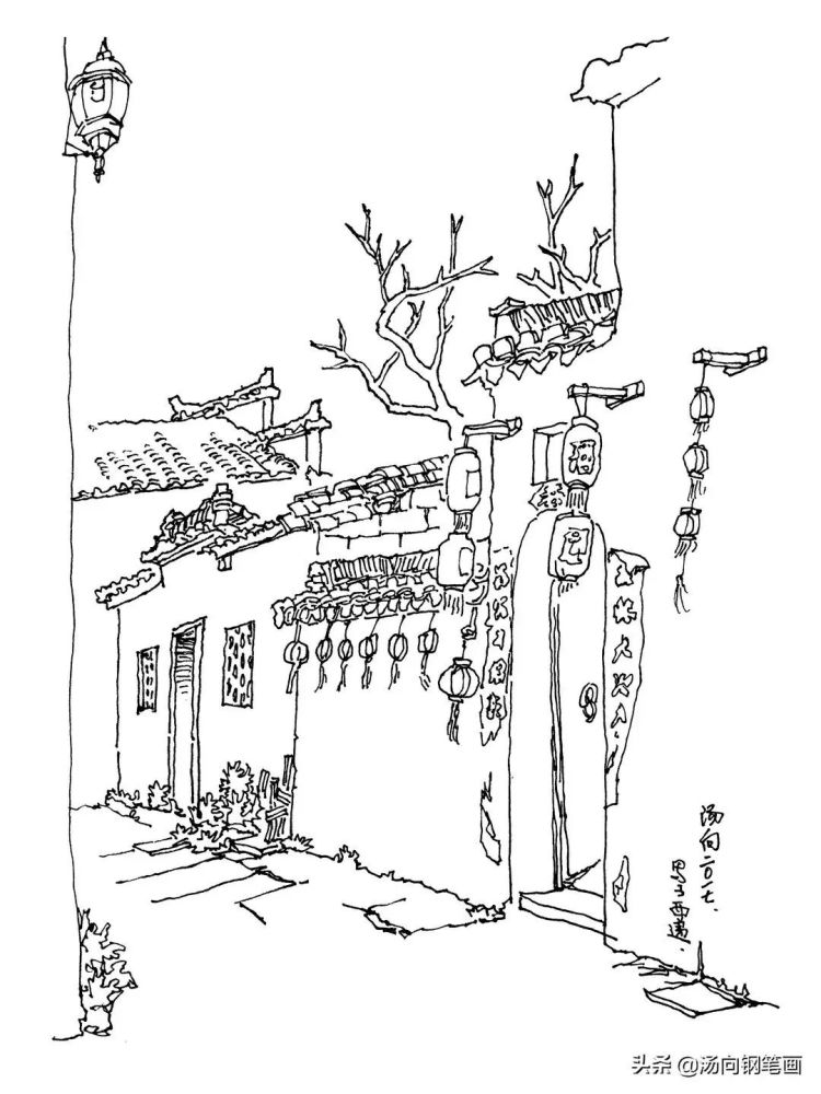钢笔画红灯笼小小灯笼门前挂瓦片墙头生枝丫