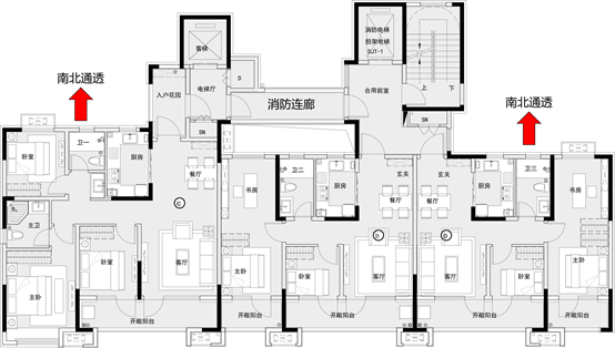 交通核采取2梯3户设计,相比较2t4户,减少了连廊长度,使其中一户实现了