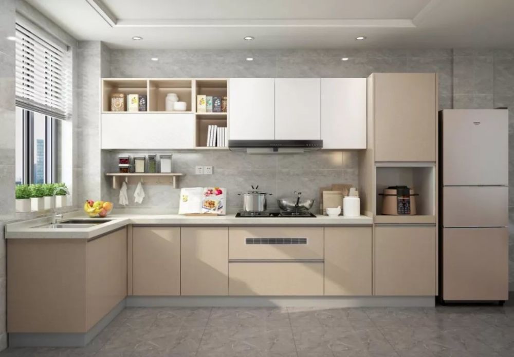 将烹饪区和切菜区设置在l型较长的一边,把清洗区摆在l型较短的一面