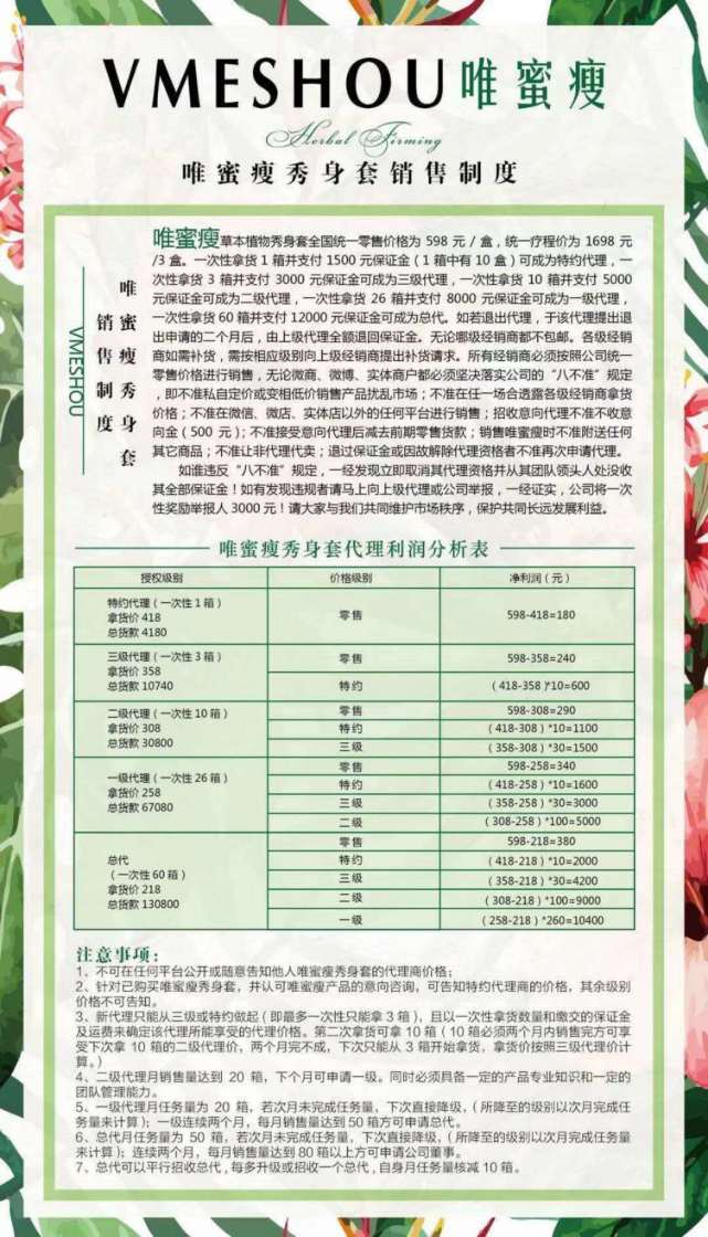我们以唯蜜瘦为例:传统的层级微商模式市面上已经快见不到了,目前的