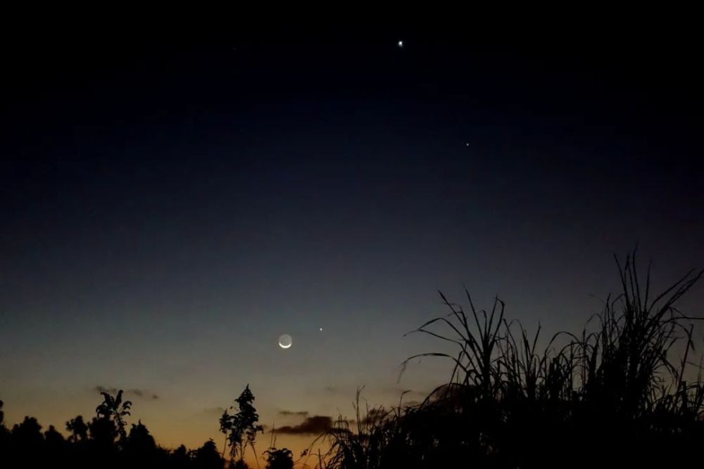 上方的星是角宿一,月亮带着鬼影与水星相依相伴,它们已十分靠近地平线