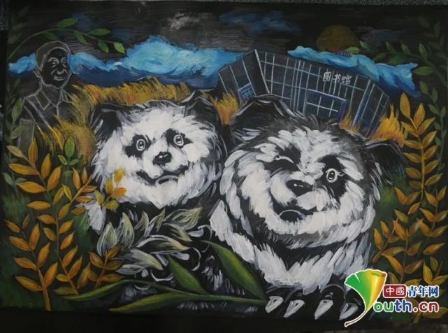 此画作以熊猫"孢孢""子子"在四川农业大学游玩为主题,以孢子印为基底