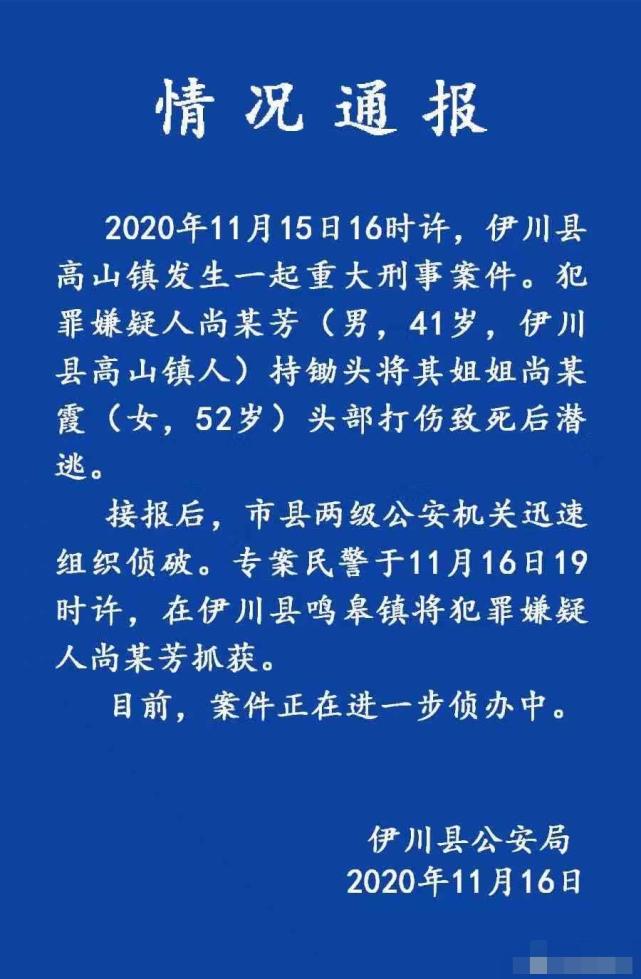 河南伊川杀害亲姐嫌疑人已被抓获 曾因故意伤害两次被判刑 9月刚出狱