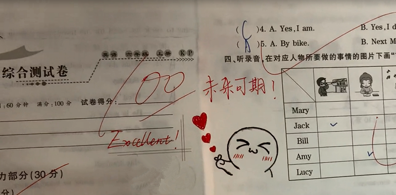 每个满分孩子的试卷上,都有他亲手画的,各不一样的可爱"表情包小人".