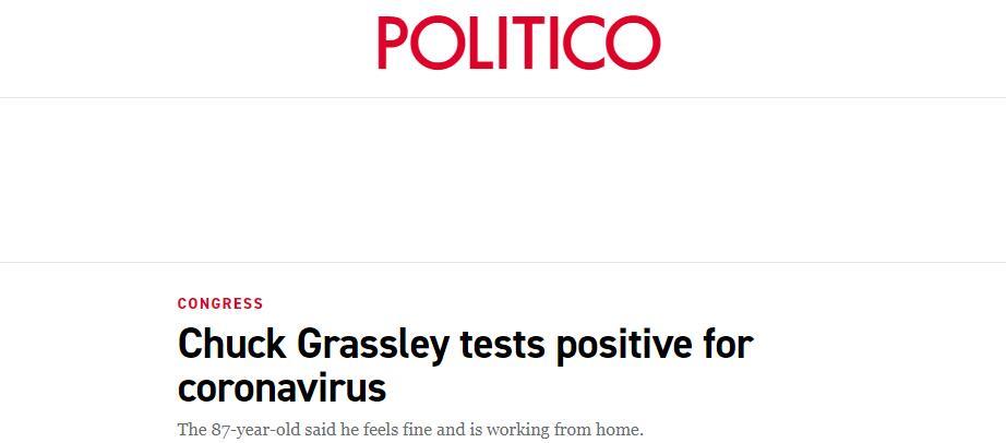 查克·格拉斯利|快讯！美参议院临时议长新冠病毒检测呈阳性