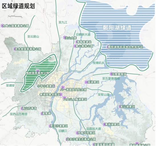 该手册依托城区"一江三河十湖"水系要素布局城市绿道,规划"九横,咀葺