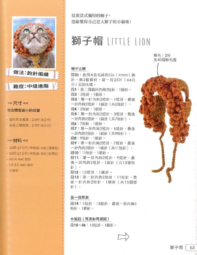 钩针图解|宠物帽子:小狮子猫咪毛线帽_腾讯新闻