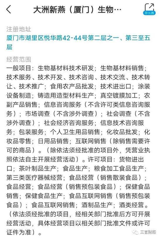 大洲新燕的經營範圍包含:食品生產,食品經營,保健食品銷售,保健食品