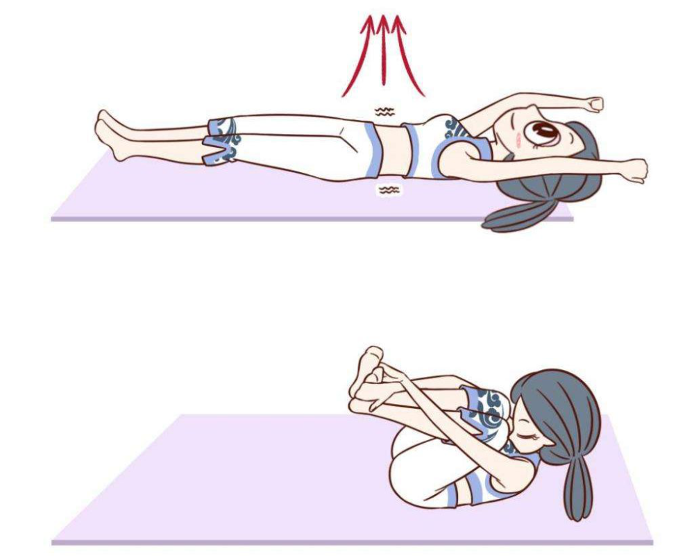 上身贴着垫面,双腿弯曲,双手环抱膝盖.