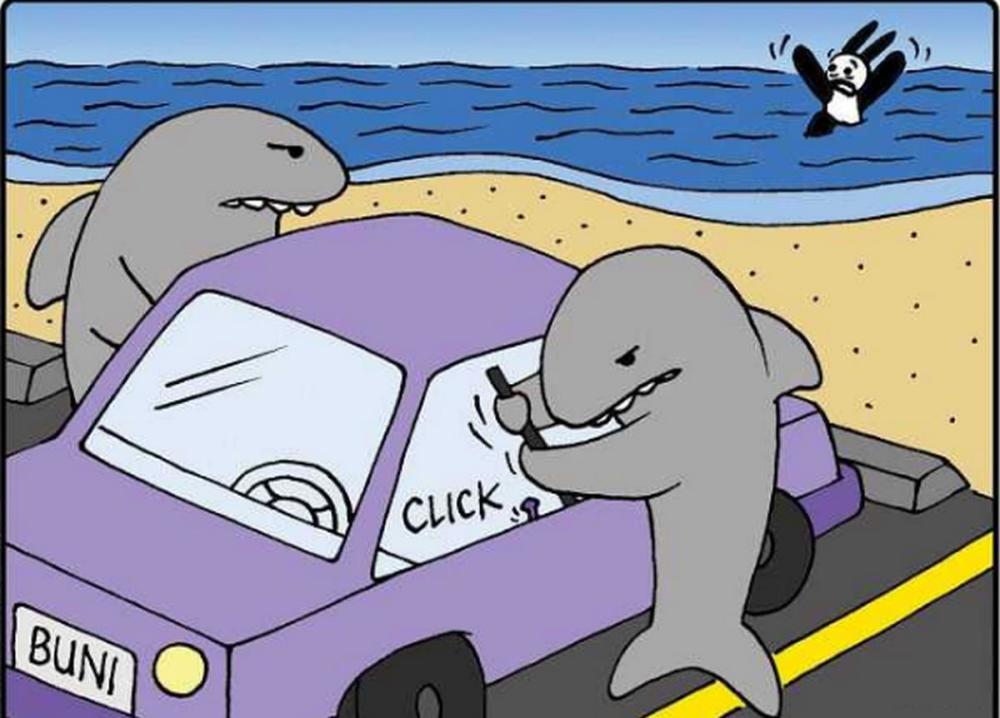 爆笑漫画兔子在海里欢快地玩耍沙滩上鲨鱼却在翘兔子的车