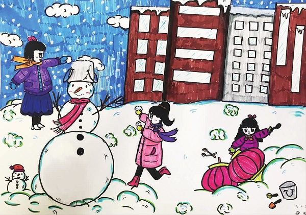 冬季校园绘画作品图片