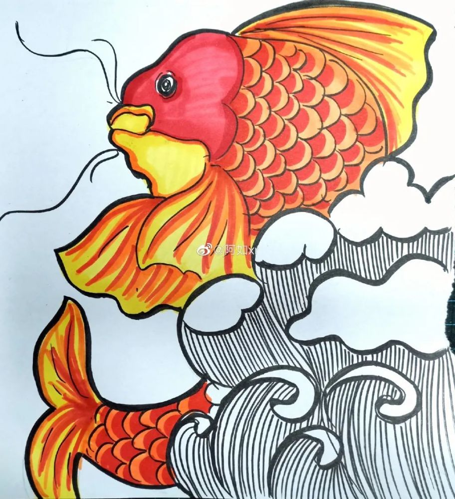 只需要三種顏色就可以畫出簡單大氣的鯉魚線描裝飾畫畫中鯉魚栩栩如生