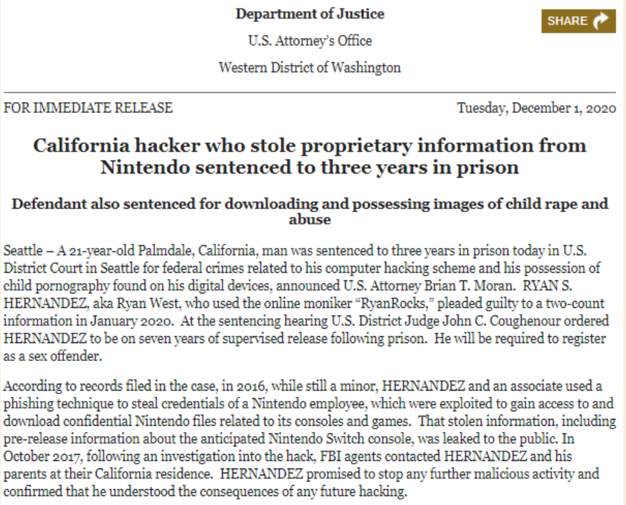 泄露nintendoswitch机密的黑客被判三年徒刑 腾讯新闻