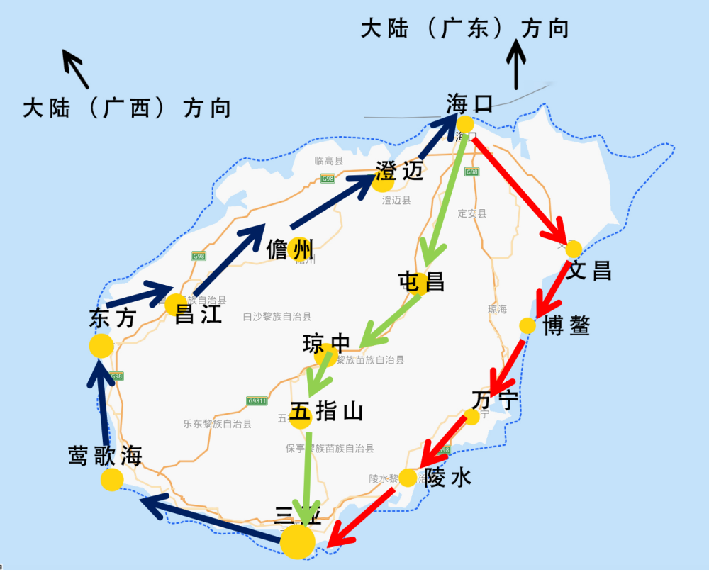 海南岛的自驾路线主要分为:东线,中线和西线.