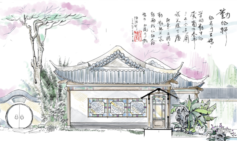 勤得轩手绘图勤得轩设计图花溪叠翠在国风朗园,整个园林风格注重写意.