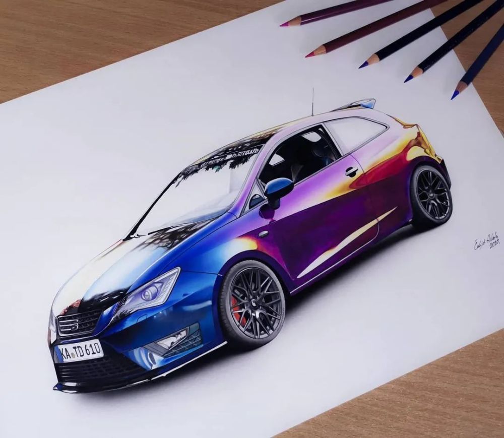 足以让人以假乱真及这些富有创意的3d手绘用彩铅画各种精美的汽车