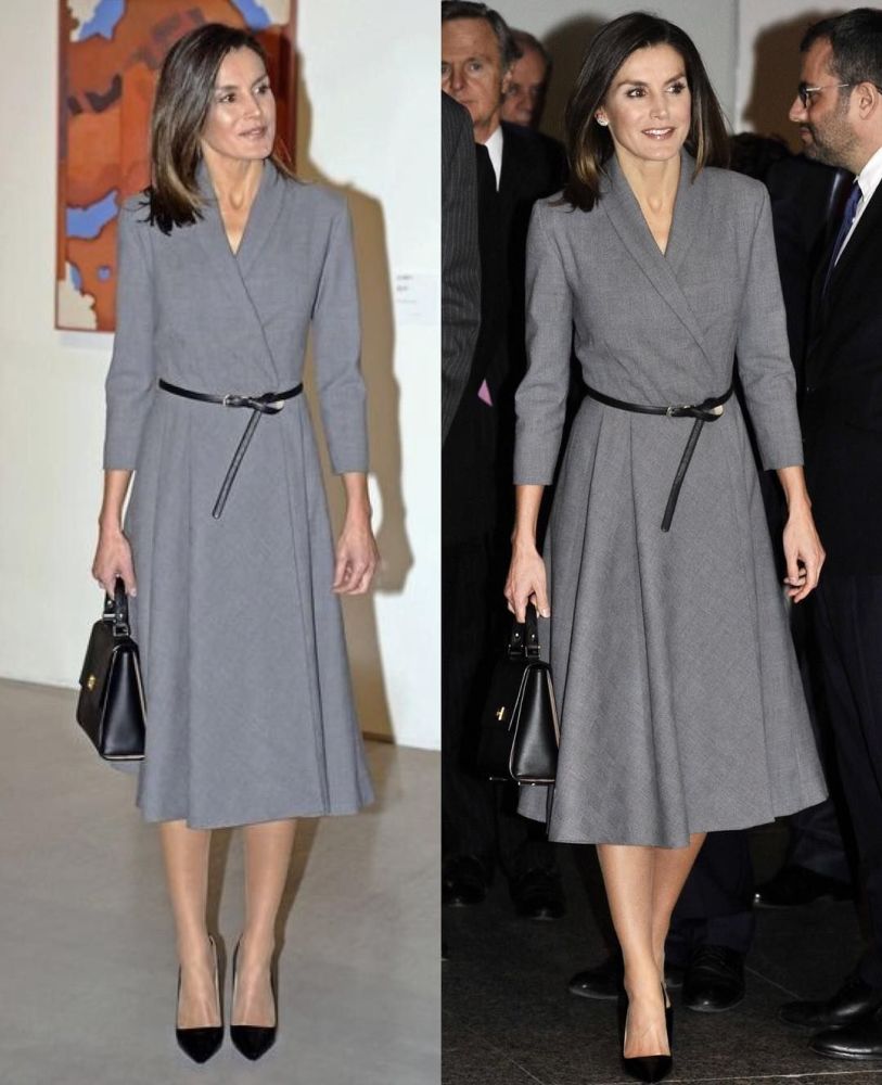 莱蒂齐亚终于妥协了灰色长袖连衣裙叠穿双排扣大衣优雅美丽不冻人