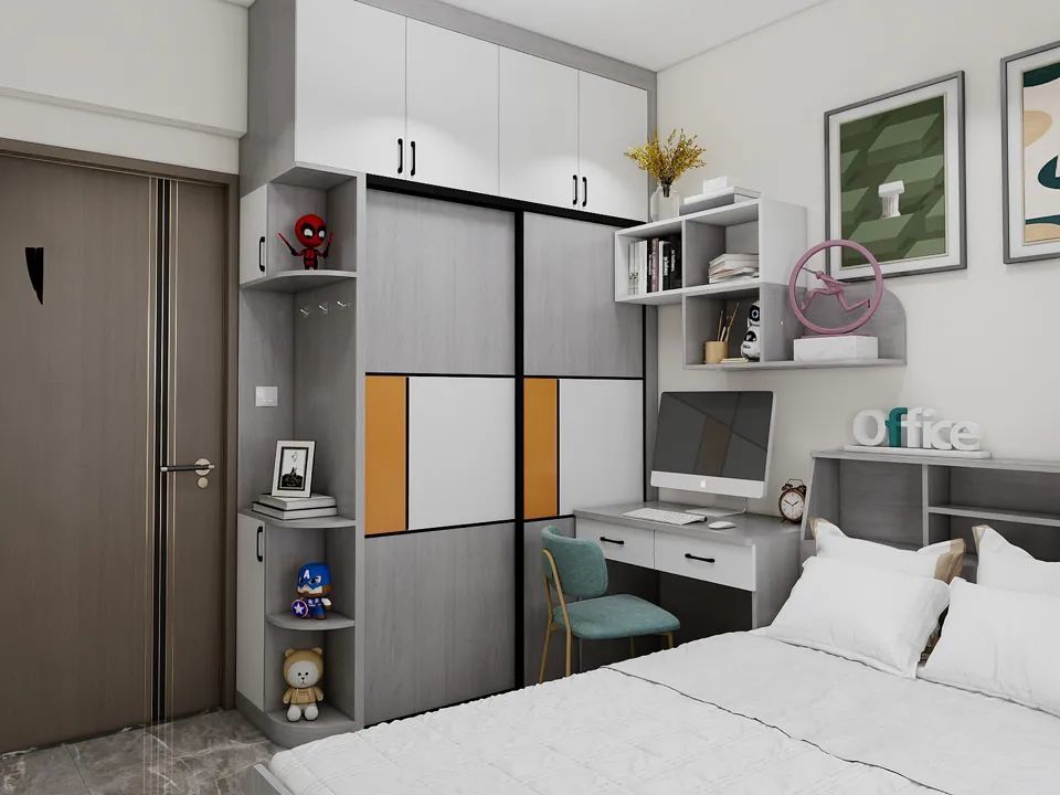 衣柜靠门边做圆弧柜,很多便宜会担心里面的书桌会挡住移门,其实只要