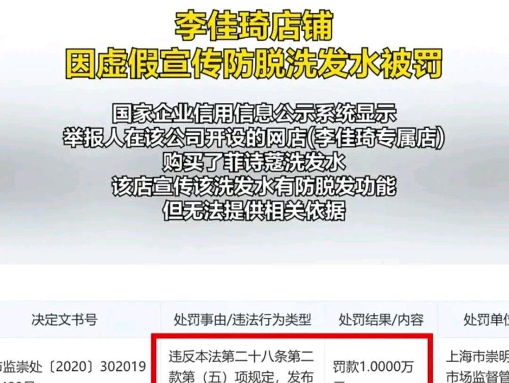 李佳琦店铺因为虚假宣传防脱洗发水被罚!一洗秃洗发水