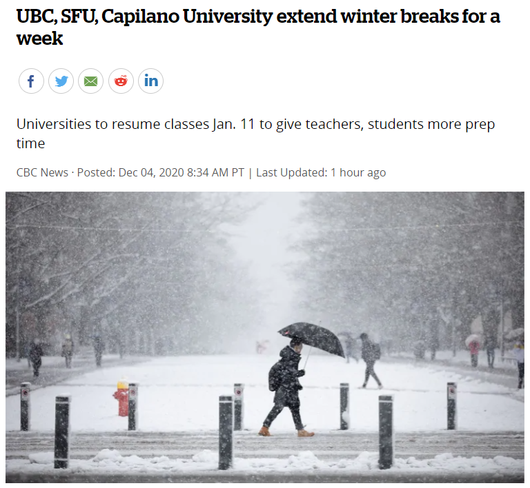 UBC、SFU等高校宣布延长冬季假期！BC省中小学或效仿
