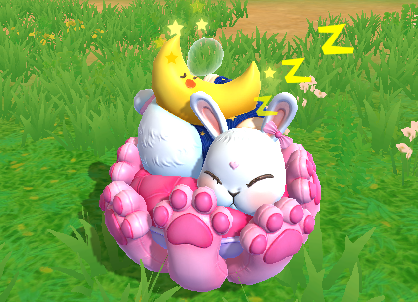 一弯月牙陪伴着一同入睡月亮睡兔为单人载具,大家倚靠在白兔身旁,温