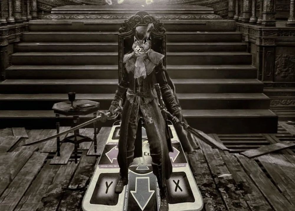 一时兴起,在此之前,她还用跳舞板打败过《血源》的老猎人格曼以及科斯