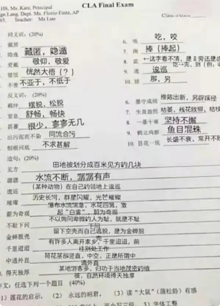 美国高中中文试卷曝光 中国孩子被难倒 网友 大学学了个假中文 腾讯新闻
