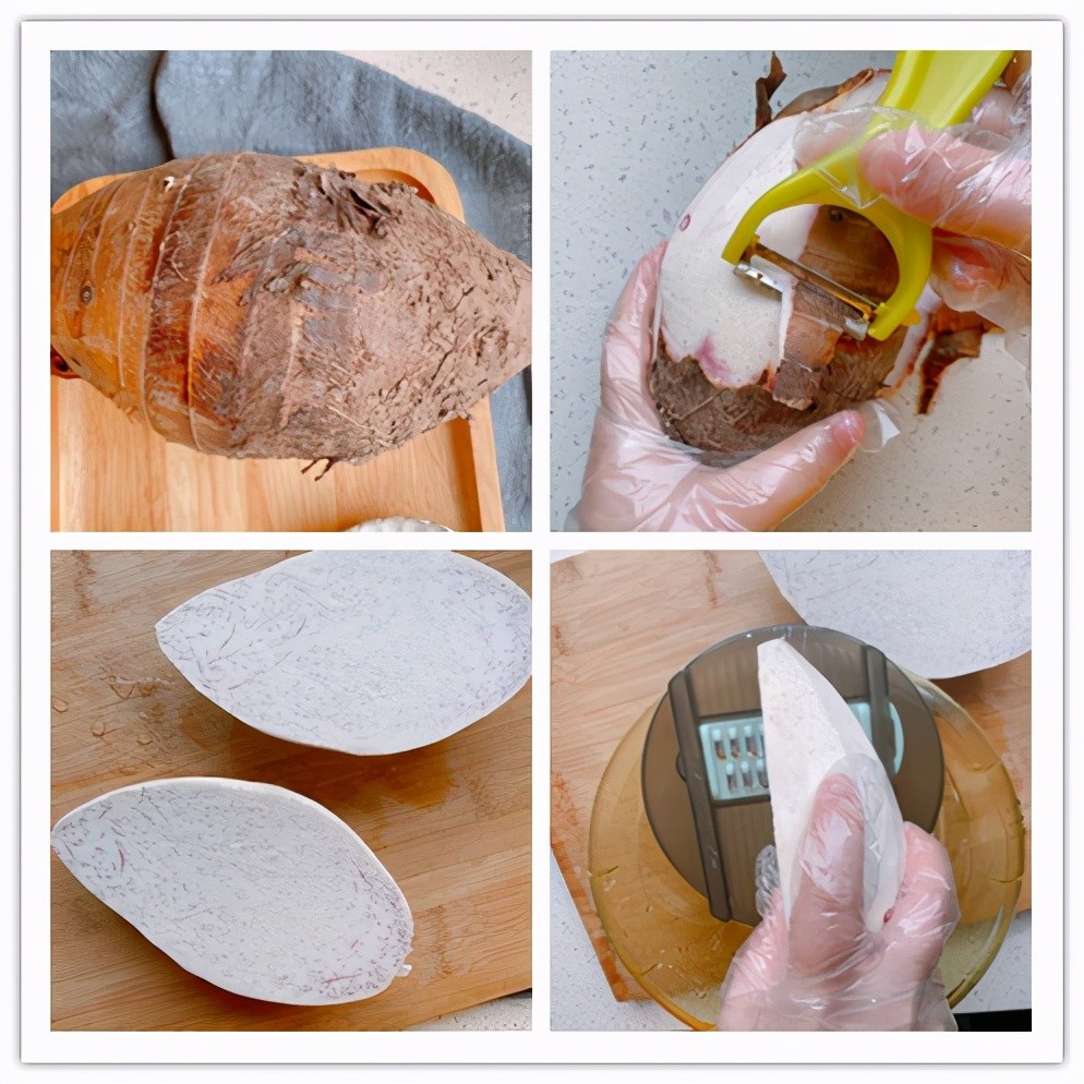 1,准备好的芋头先去皮,去皮之后清洗干净,对半切开,用工具刨成丝,刀功