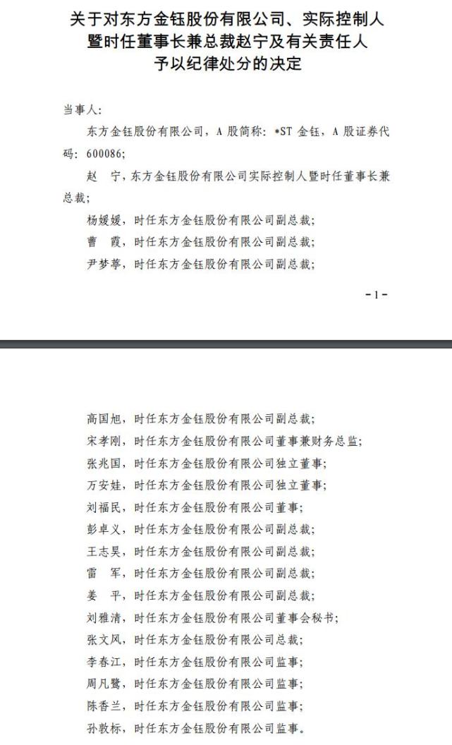 东方金钰)被监管公开谴责了,包括实控人赵宁等在内的19位有关责任人均