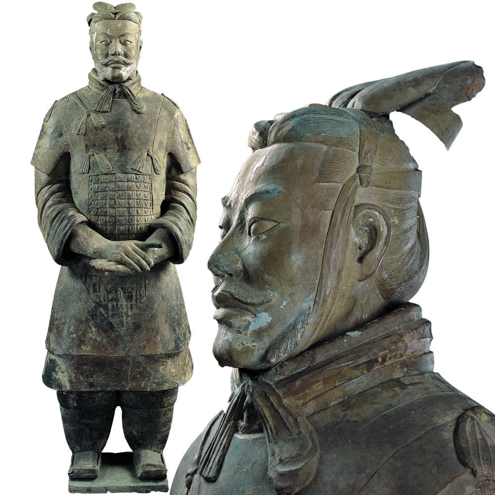 将军俑头戴双尾鹖冠,身上铠甲为彩色鱼鳞甲,细小规整.