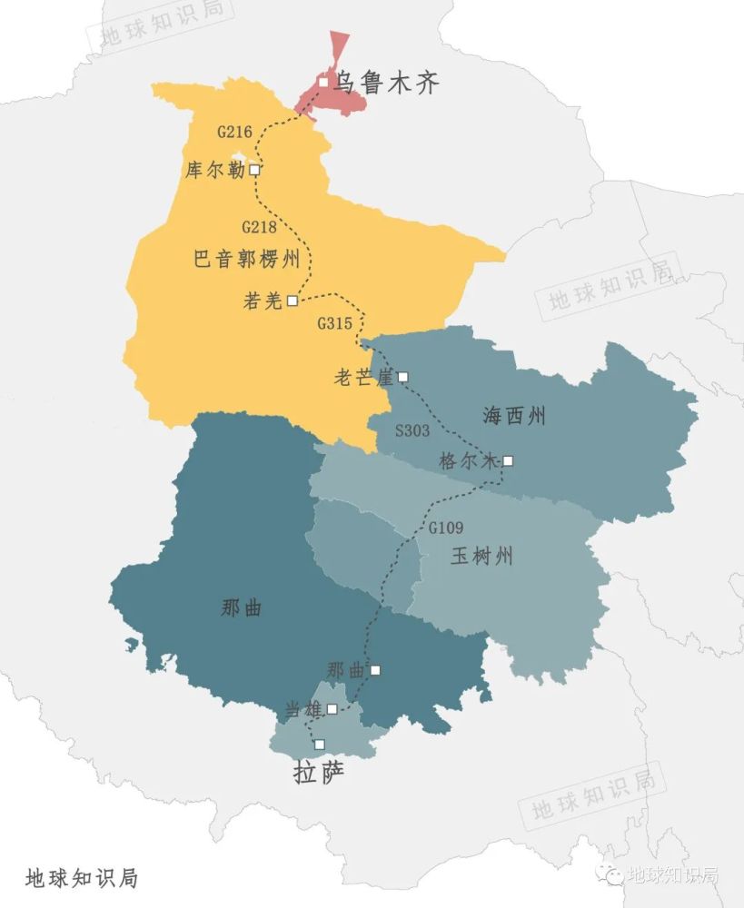 实现两市最短连接的线路为多条国省道的组合,即g216乌库段,g218库若段