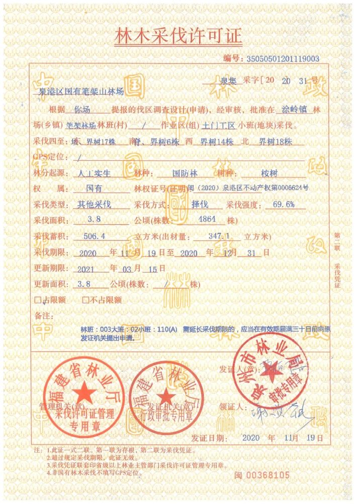 采伐许可证2020年12月10日泉州市正晋项目管理有限公司采伐林地现场请