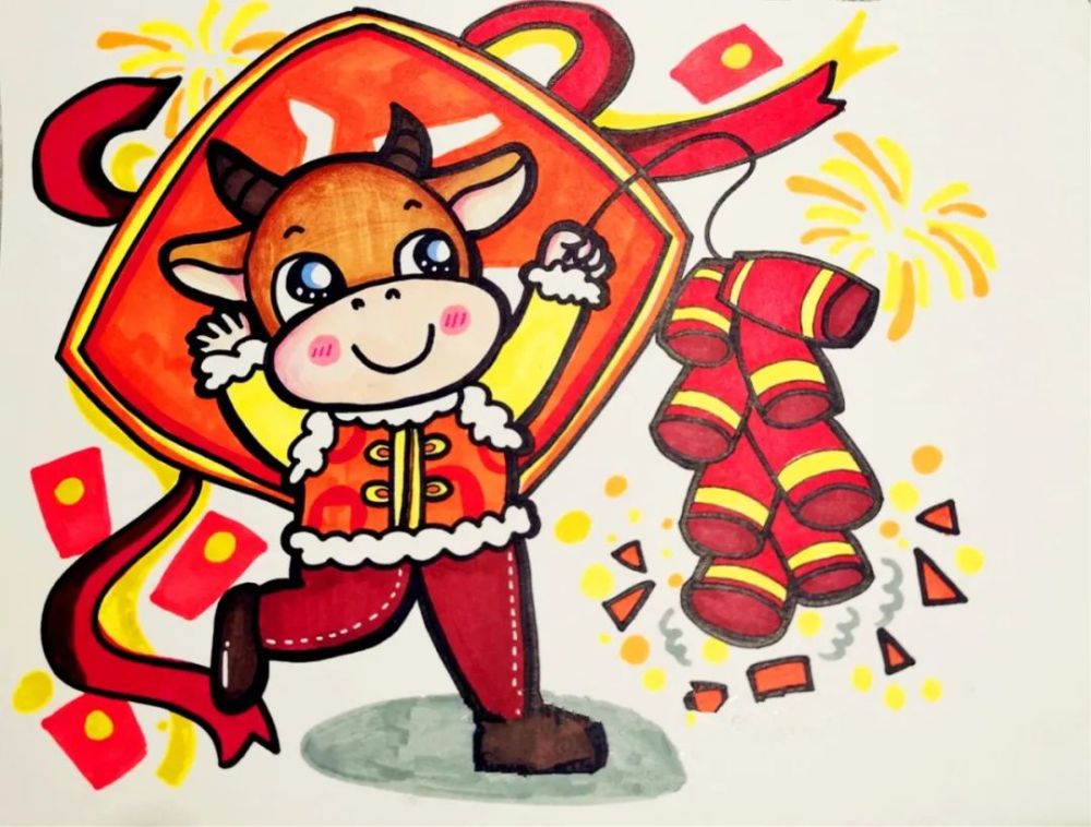 儿童画创意牛年到牛气冲天好运来提前准备起来主题画