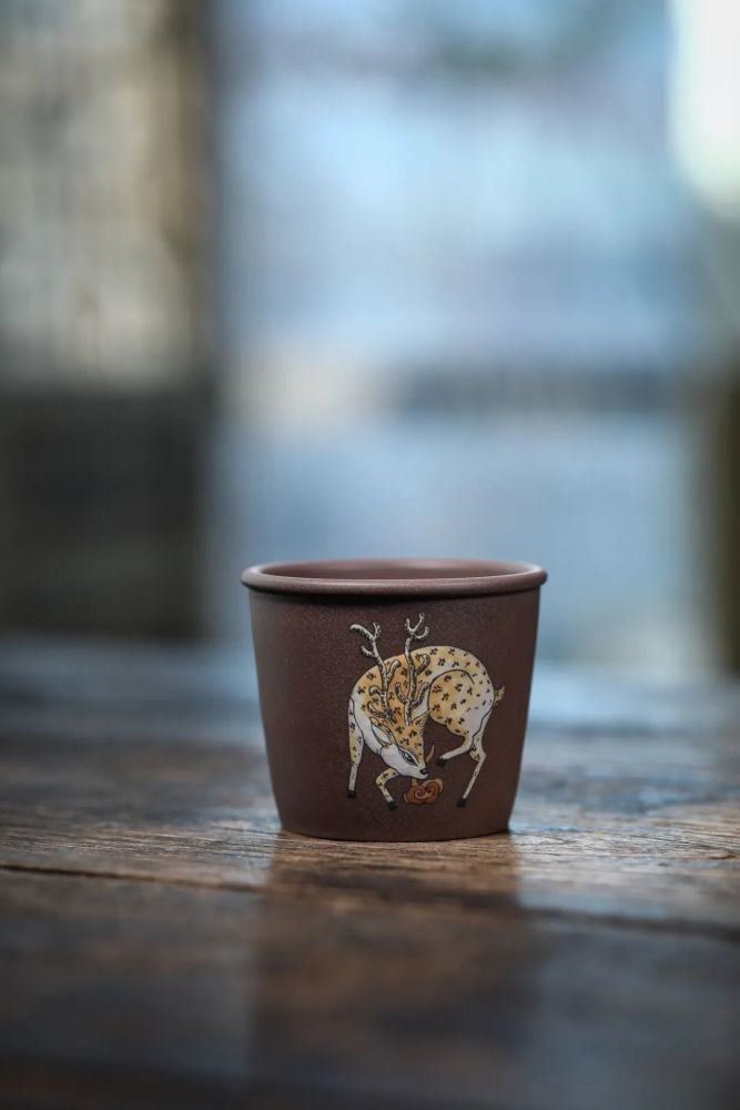 西云堂紫泥泥绘灵鹿衔芝杯130cc