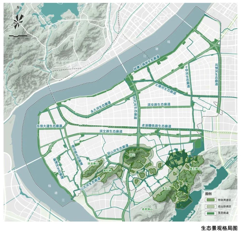 生態格局與活力街巷03空間格局:c形山水融城,一環三區協同,一核兩心